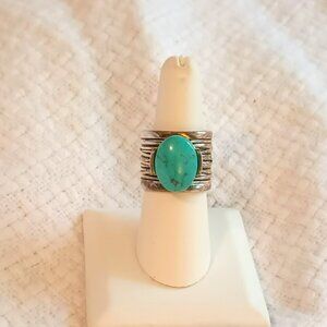 Women's Faux Turquoise Ring 7.5" Silver Tone Ribbed Extra Wide Band Jewelry